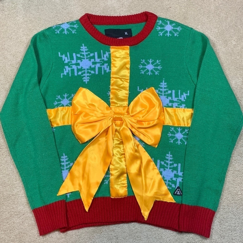 Ugly Christmas Sweater American Stitch Gold Bow Size XL